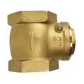 Brass 50mm flapper check valve with hex-body casting, side bleed screw, and female threaded ports on white background