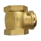 Brass 50mm flapper check valve with hex-body casting, side bleed screw, and female threaded ports on white background