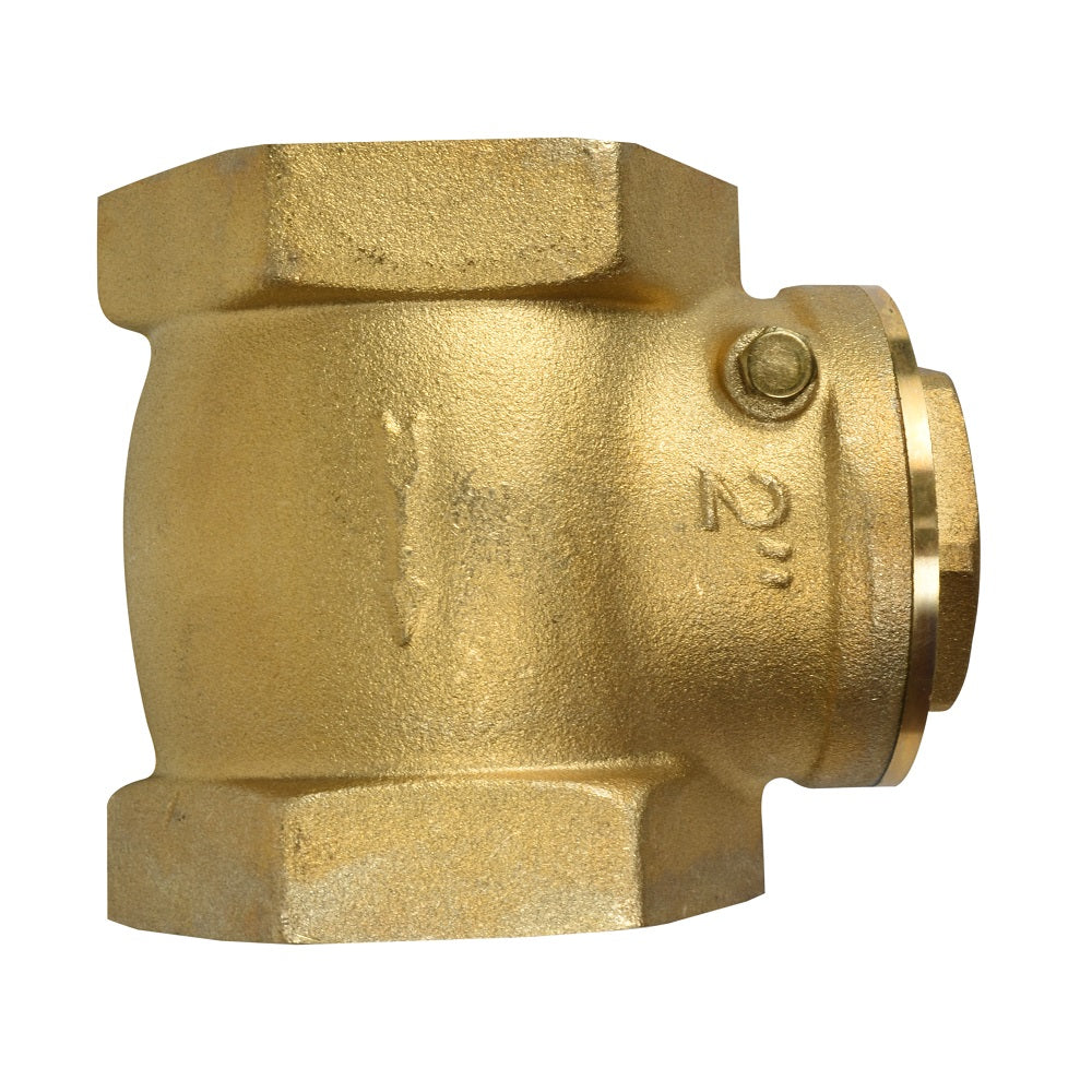 Brass 50mm flapper check valve with hex-body casting, side bleed screw, and female threaded ports on white background