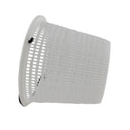 White plastic pool skimmer weir basket with tapered cylindrical shape and rectangular mesh slots on white background