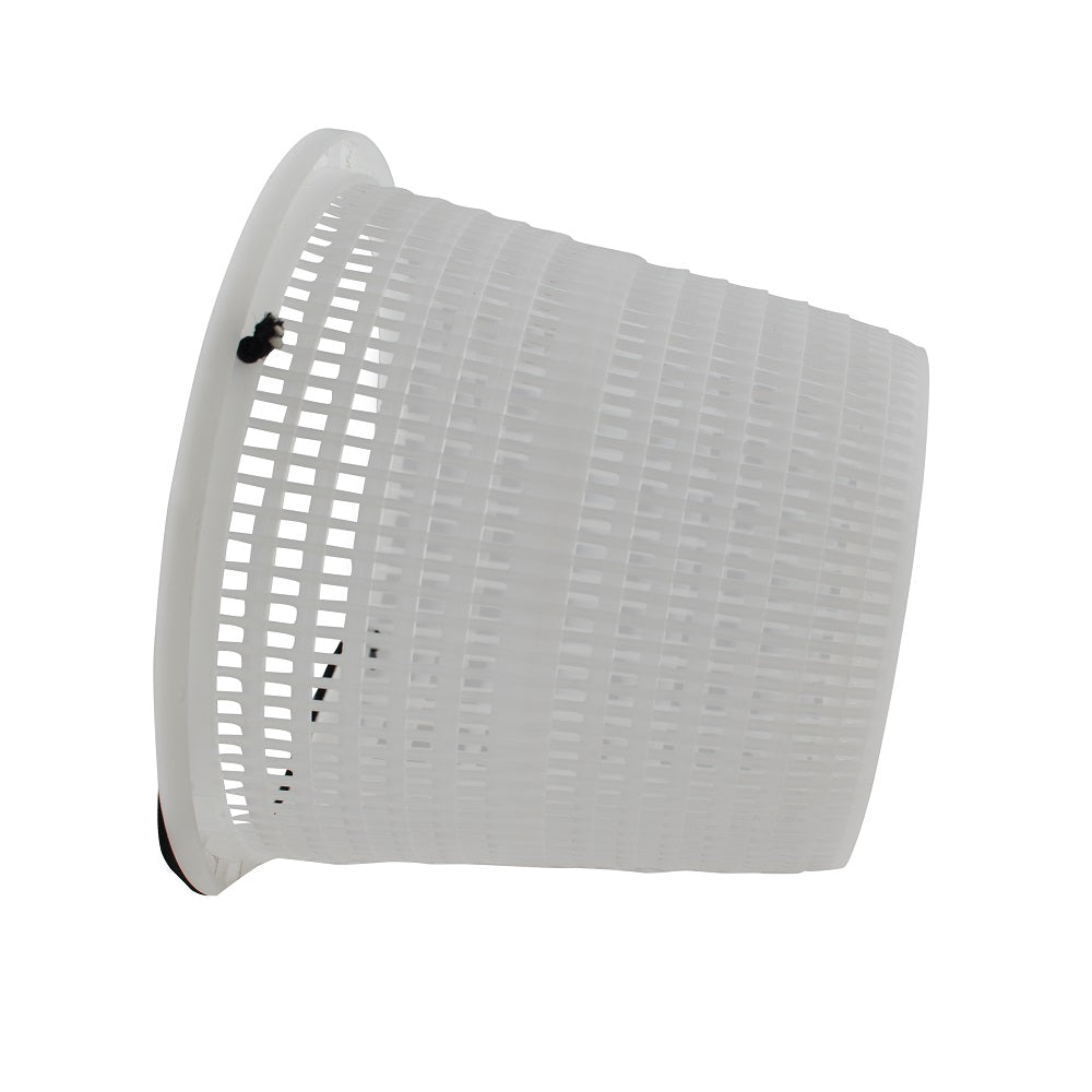 White plastic pool skimmer weir basket with tapered cylindrical shape and rectangular mesh slots on white background