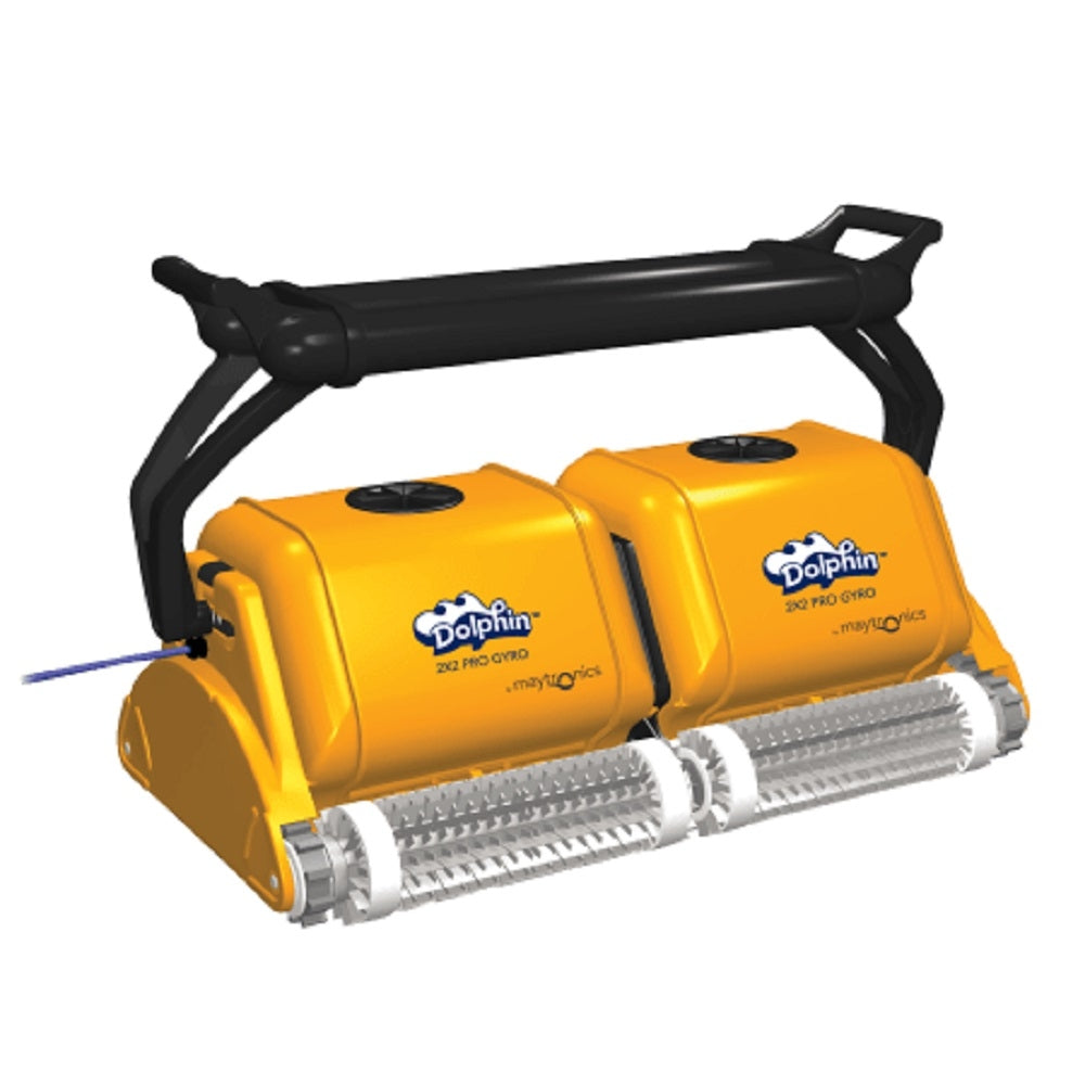 Dolphin Wave Expert Pro 2x2 robotic pool cleaner in yellow and black with dual scrubbing brushes and carry handle by Maytronics
