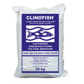 Clinofish 25kg white woven bag of cationic aquaculture filter medium with blue label featuring fish illustration