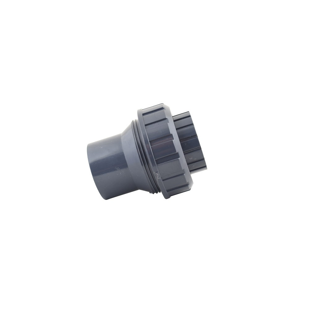 Grey PVC non-return valve 63mm with ribbed body, threaded collar and solvent weld socket end