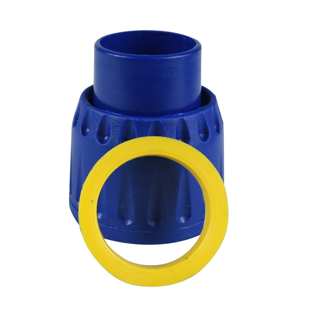 Blue plastic pipe swivel connector with ribbed body and yellow circular O-ring seal, three-part design for cleaning systems