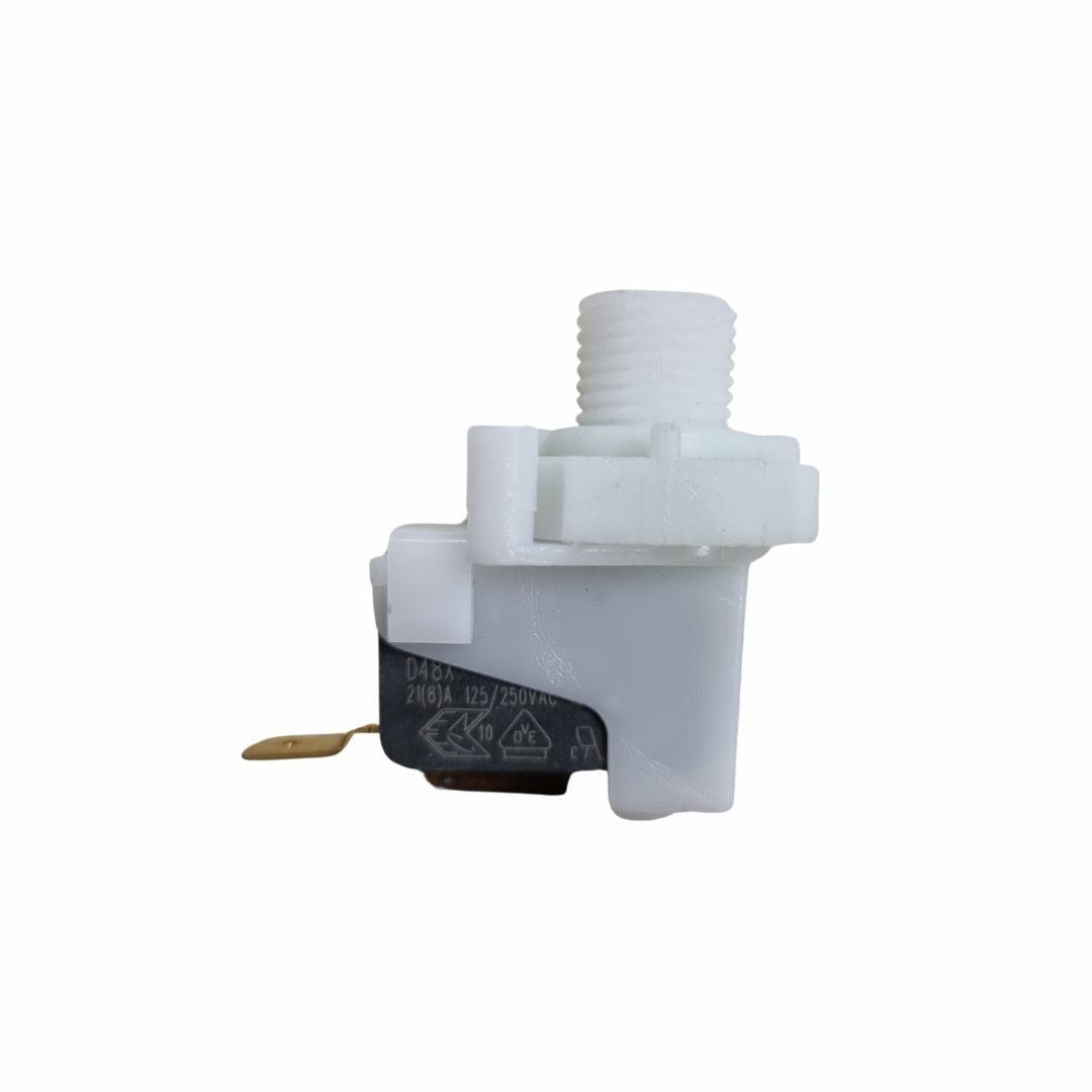 White plastic two-way air switch with threaded fitting, gold spade terminals, rated 21A 125/250VAC, microswitch body