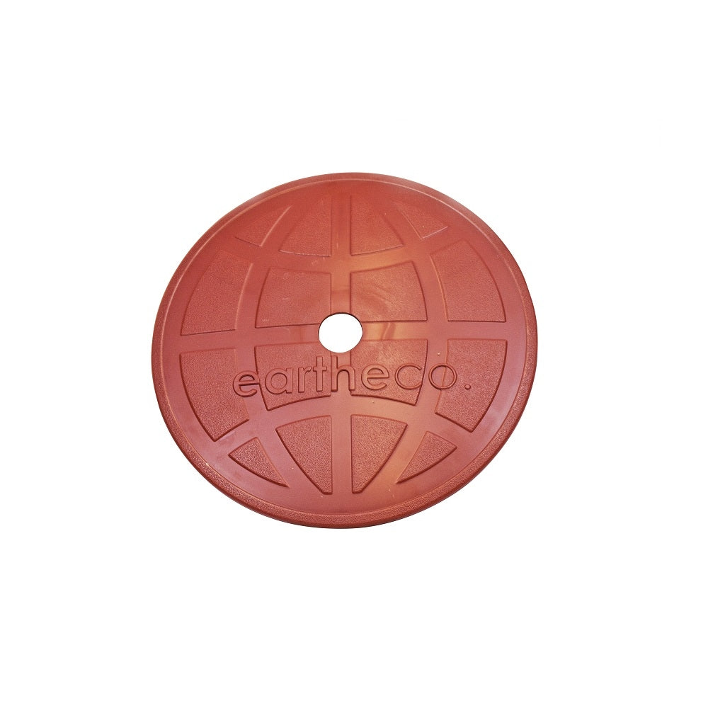 Eartheco EQ Aqua deck lid in terracotta red with embossed globe grid pattern and central hole, viewed from above