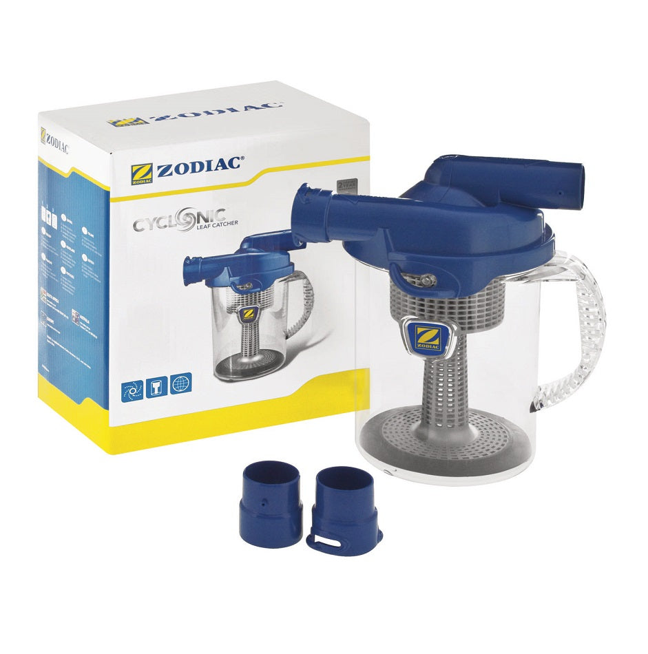 Zodiac Cyclonic Leaf Catcher with clear canister, blue lid, grey filter basket, two blue adapters and product box