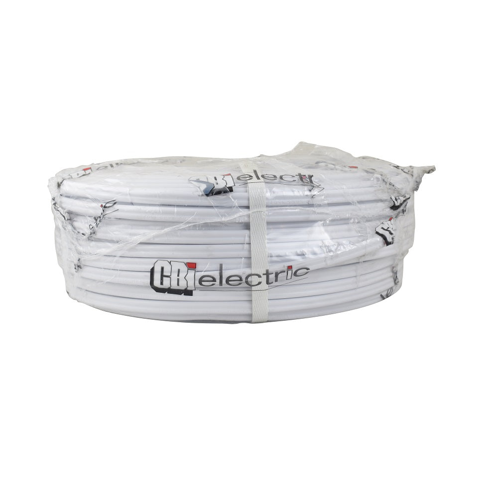 CBI Electric white 2.5mm Twin & Earth flat cable coil, wrapped in clear plastic with branded strap, on white background