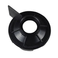 Black plastic pump diffuser with circular ribbed disc design, central threaded opening, and single outlet flange tab