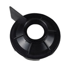 Black plastic pump diffuser with circular ribbed disc design, central threaded opening, and single outlet flange tab