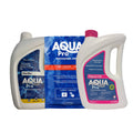 Aqua Pro 3 Step Shock Treatment bundle: Clarifier bottle, Pro Oxidiser sachet, and 2L Algaecide bottle on white background