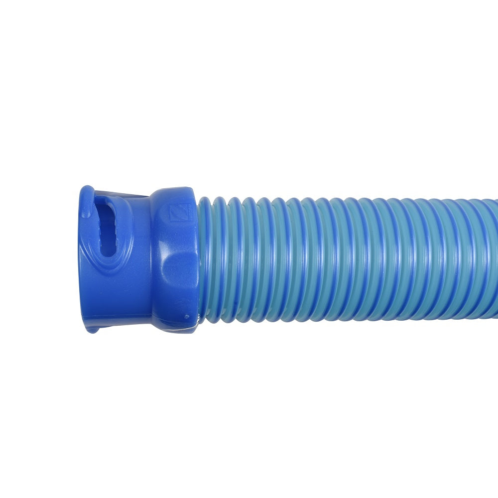 Blue ribbed pool cleaner hose with dark blue twist-lock connector fitting, flexible corrugated plastic tubing