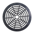 Black plastic round bottom drain grid with concentric ring pattern, wide outer flange and central hole opening