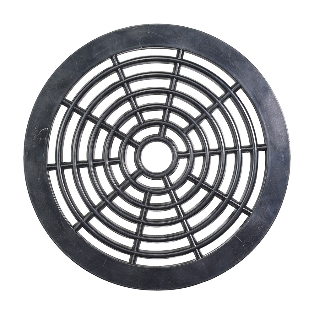 Black plastic round bottom drain grid with concentric ring pattern, wide outer flange and central hole opening