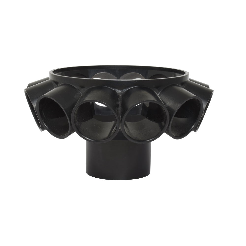 Black plastic Speck filter finger collector body with multiple circular inlet ports and single bottom outlet pipe