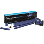 Pentair Kreepy Krauly Dominator Lite pool cleaner kit with blue wheeled unit, hoses, and fittings beside retail box