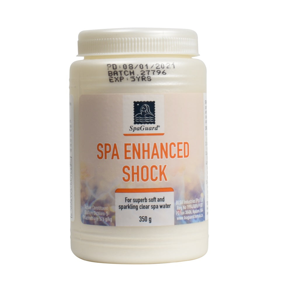 SpaGuard Spa Enhanced Shock 350g white plastic jar with orange label text and screw-top lid