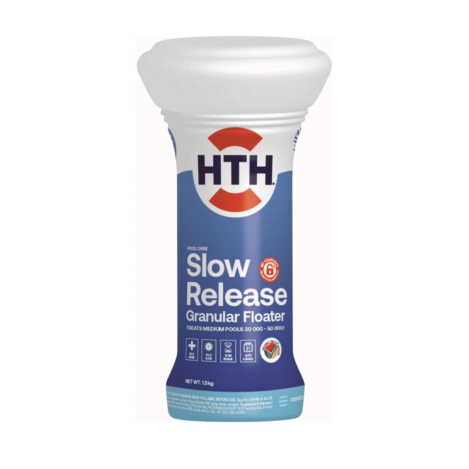 HTH Slow Release Granular Floater 1.5kg pool chemical container in blue and white with mushroom-shaped cap