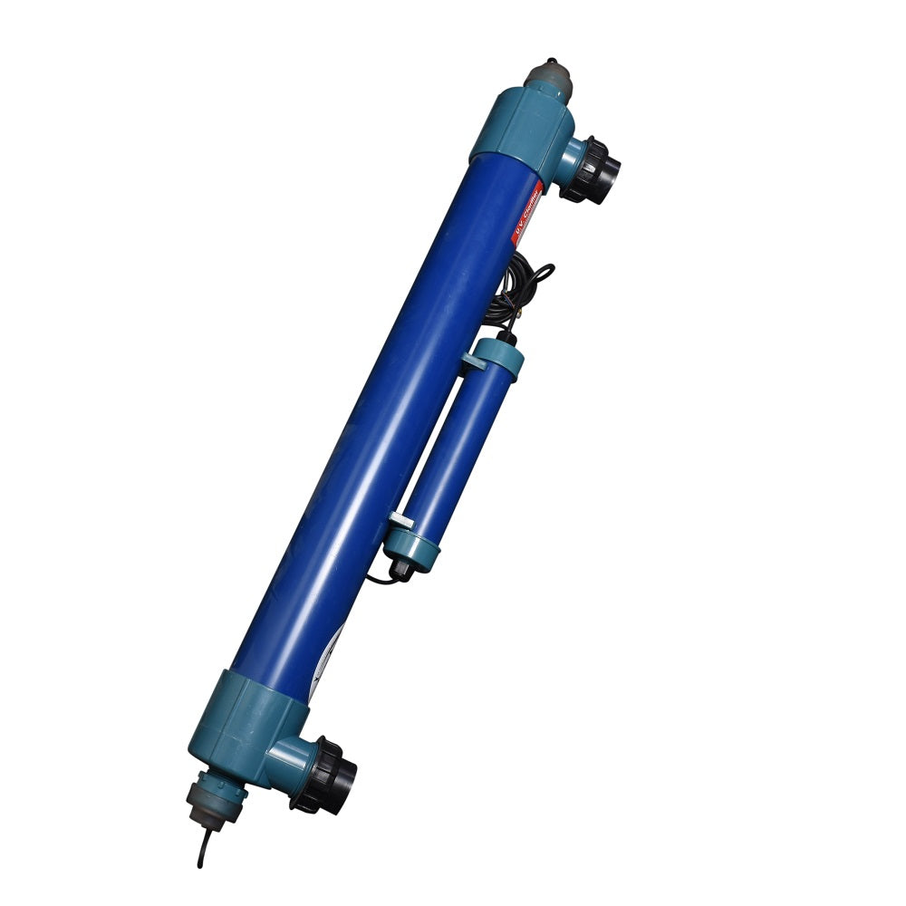 UV pond filter clarifier 55W blue cylindrical body with teal fittings, dual-tube design, threaded inlet outlet connectors and power cable