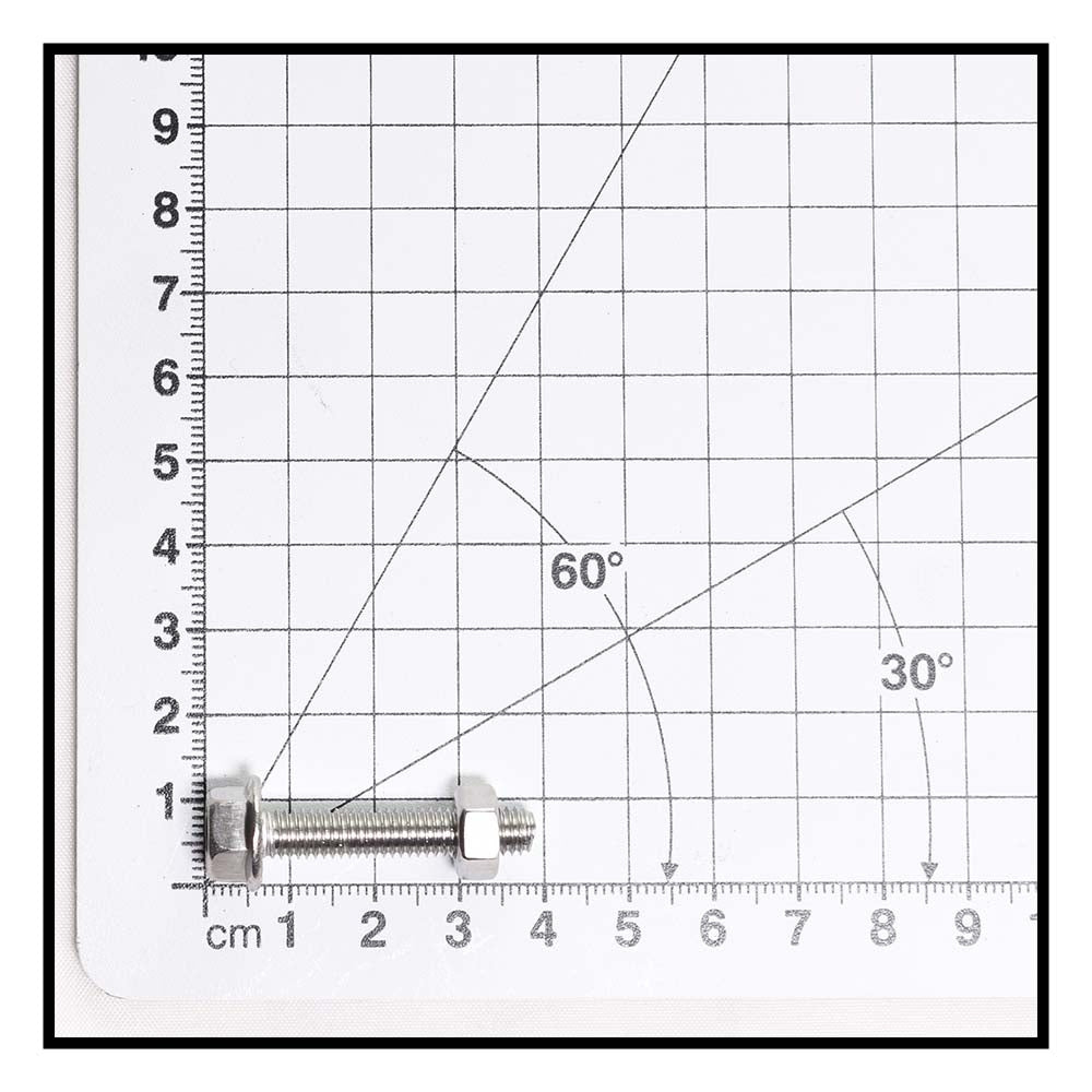 Silver hex bolt and nut set approximately 3.5cm long, shown on metric grid measuring mat with angle guides