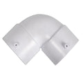 White PVC 90-degree elbow fitting with rounded bend, screw holes on each arm, for 50mm pool pipe connections
