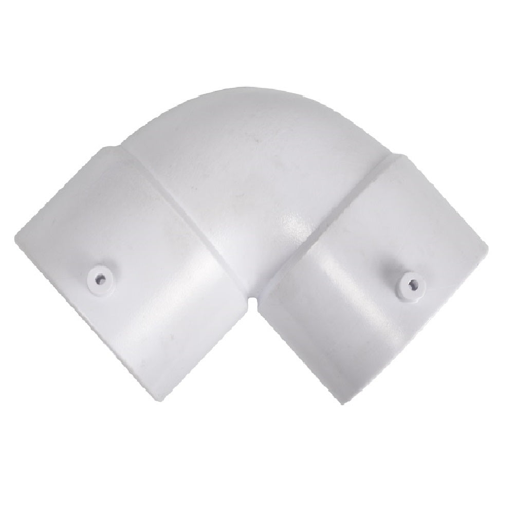 White PVC 90-degree elbow fitting with rounded bend, screw holes on each arm, for 50mm pool pipe connections