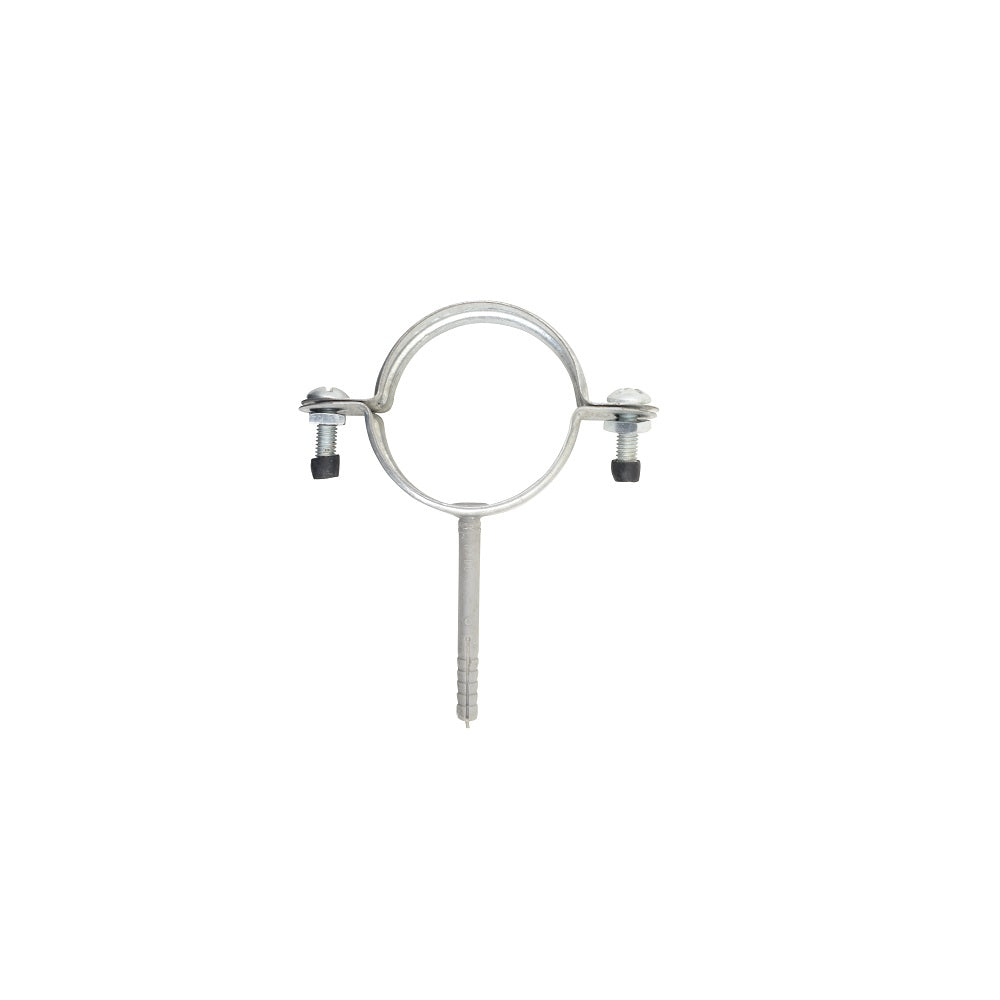 Steel pipe clamp 50mm round holderbat with centre nail spike and two hex bolt fixings, silver galvanised finish