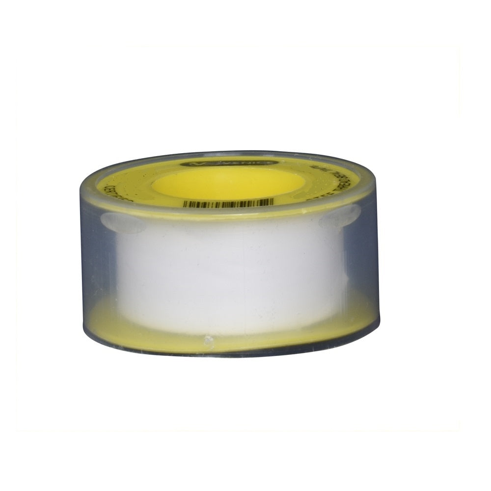 PTFE thread seal tape roll with white tape wound on yellow-labelled plastic spool, clear outer casing