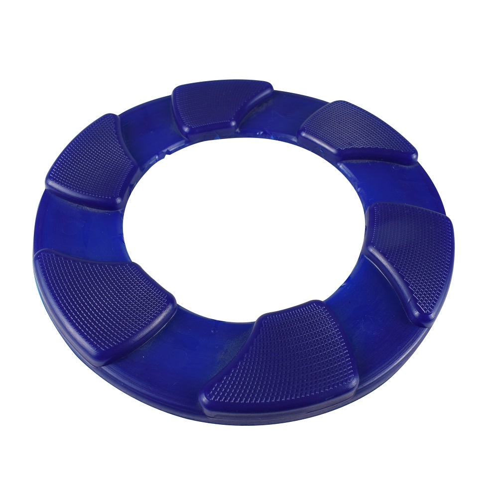 Blue plastic ring-shaped foot pad with segmented textured grip panels and circular centre opening