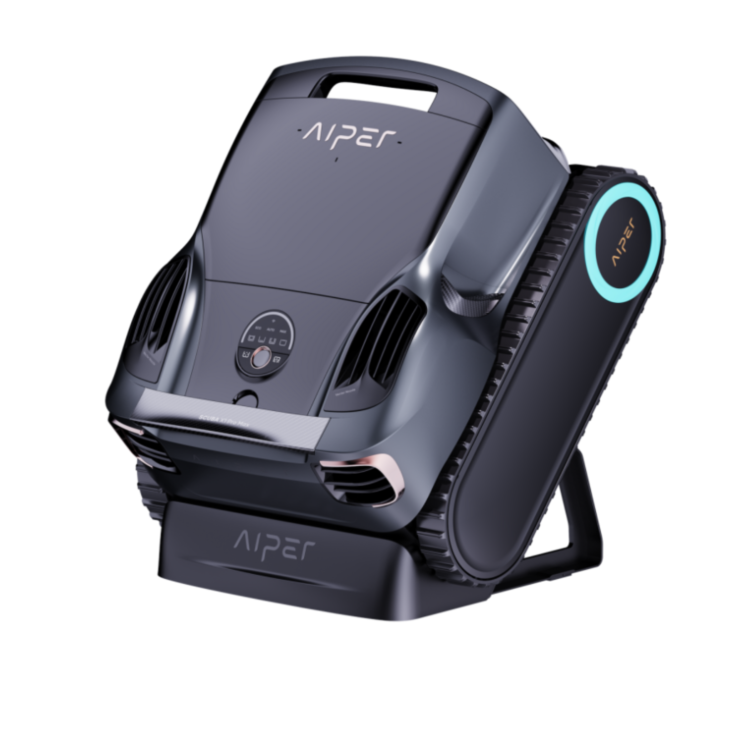Aiper Scuba X1 Pro Max robotic pool cleaner in dark grey with teal LED ring accent, shown on charging dock