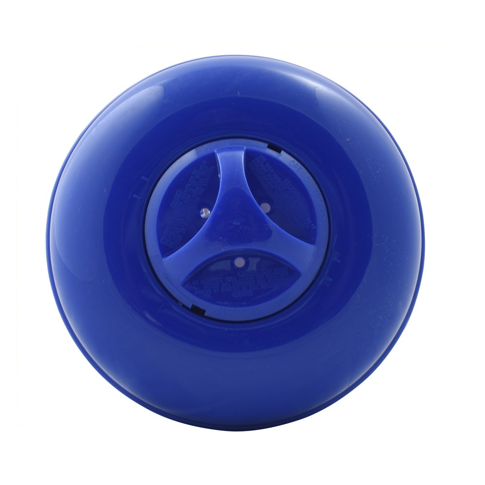 Blue plastic chlorine tablet dispenser viewed from above showing three-vane rotating dial centre and domed glossy body