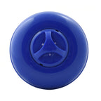 Blue plastic floating spa chemical dispenser viewed from above, showing three-vane rotating dial on domed circular body