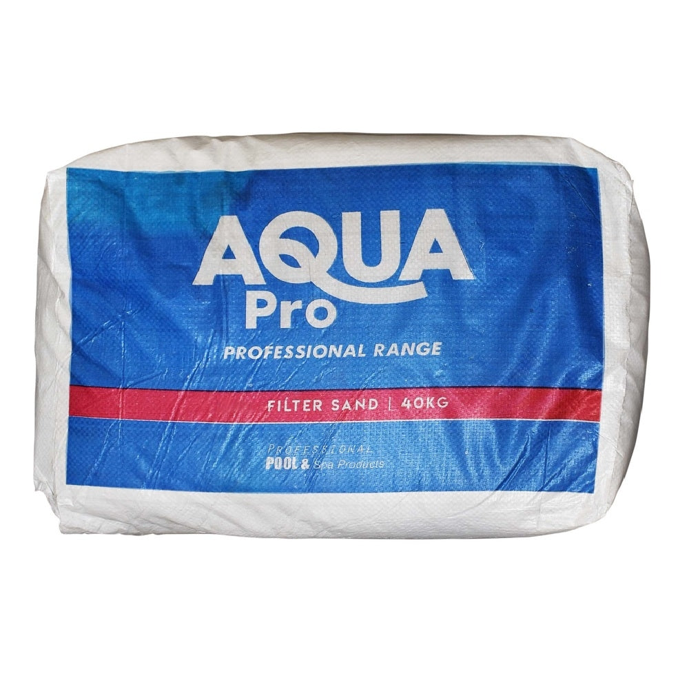Aqua Pro Filter Sand 40kg white woven polypropylene bag with blue and red label for pool and spa use