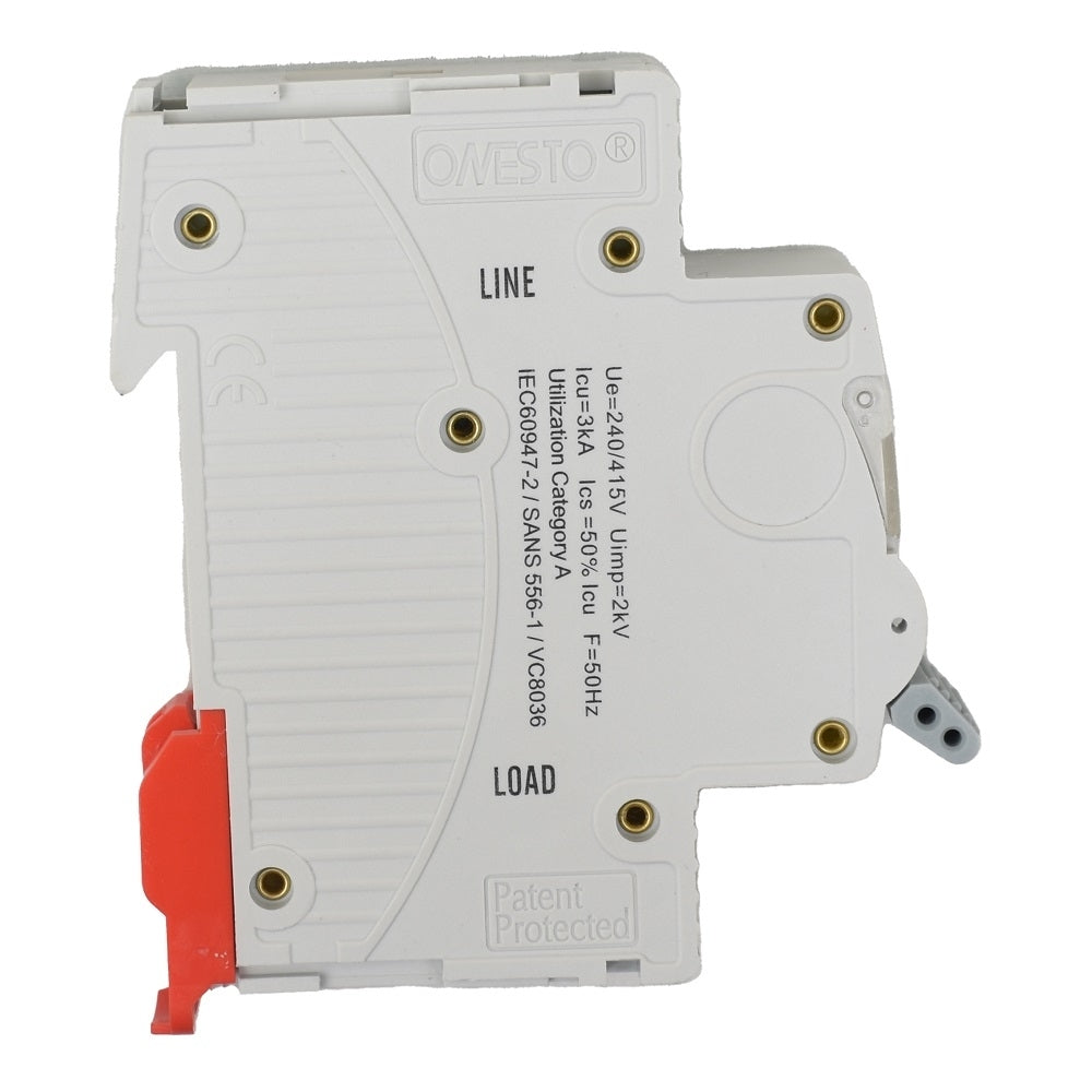 Onesto 6A single-pole miniature circuit breaker white plastic body with red DIN rail clip rear view showing line and load terminals