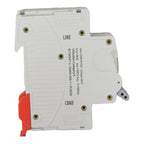 Onesto 6A single-pole miniature circuit breaker white plastic body with red DIN rail clip rear view showing line and load terminals