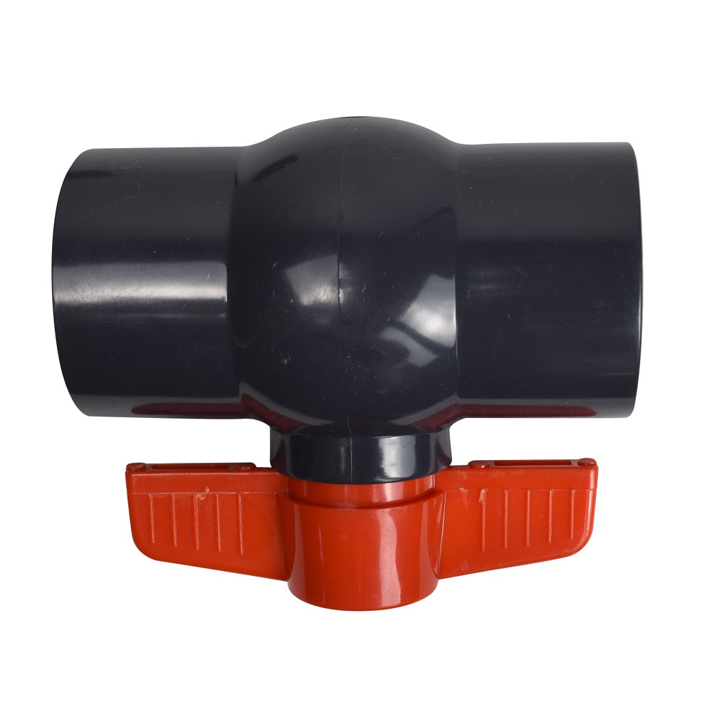 Dark grey PVC ball valve 63mm with red T-bar handle lever, socket ends, open position