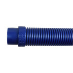 Blue ribbed pool cleaner hose with moulded Kreepy Krauly connector fitting, flexible spiral-wound plastic construction