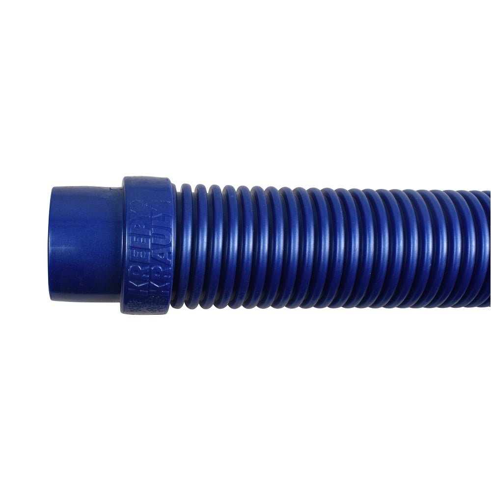 Blue ribbed pool cleaner hose with moulded Kreepy Krauly connector fitting, flexible spiral-wound plastic construction