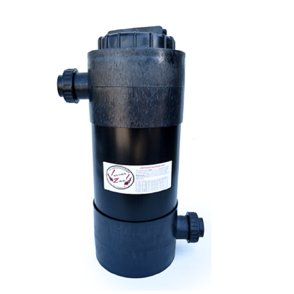 Ultra Zap black plastic cylindrical bio filter with screw-top lid, dual side inlet ports and product label, 25-litre capacity