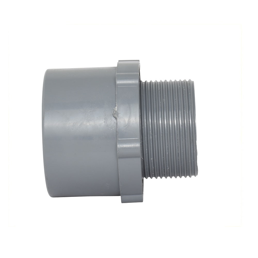 Grey PVC male tank adaptor fitting with threaded spigot end and plain socket end for pipe connection