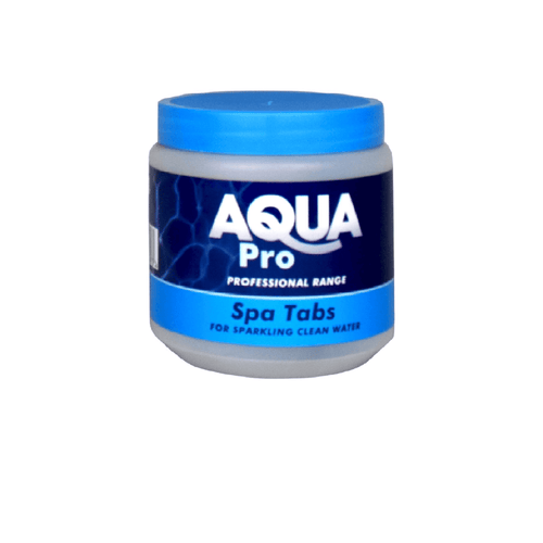 Aqua Pro Spa Tabs tub with blue lid and navy label, professional range hot tub water treatment tablets