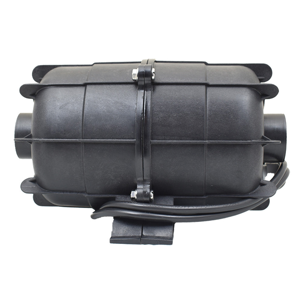 Black 1000W two-stage spa blower with cylindrical housing, dual air outlets, metal clamp band and wiring harness, top-down view