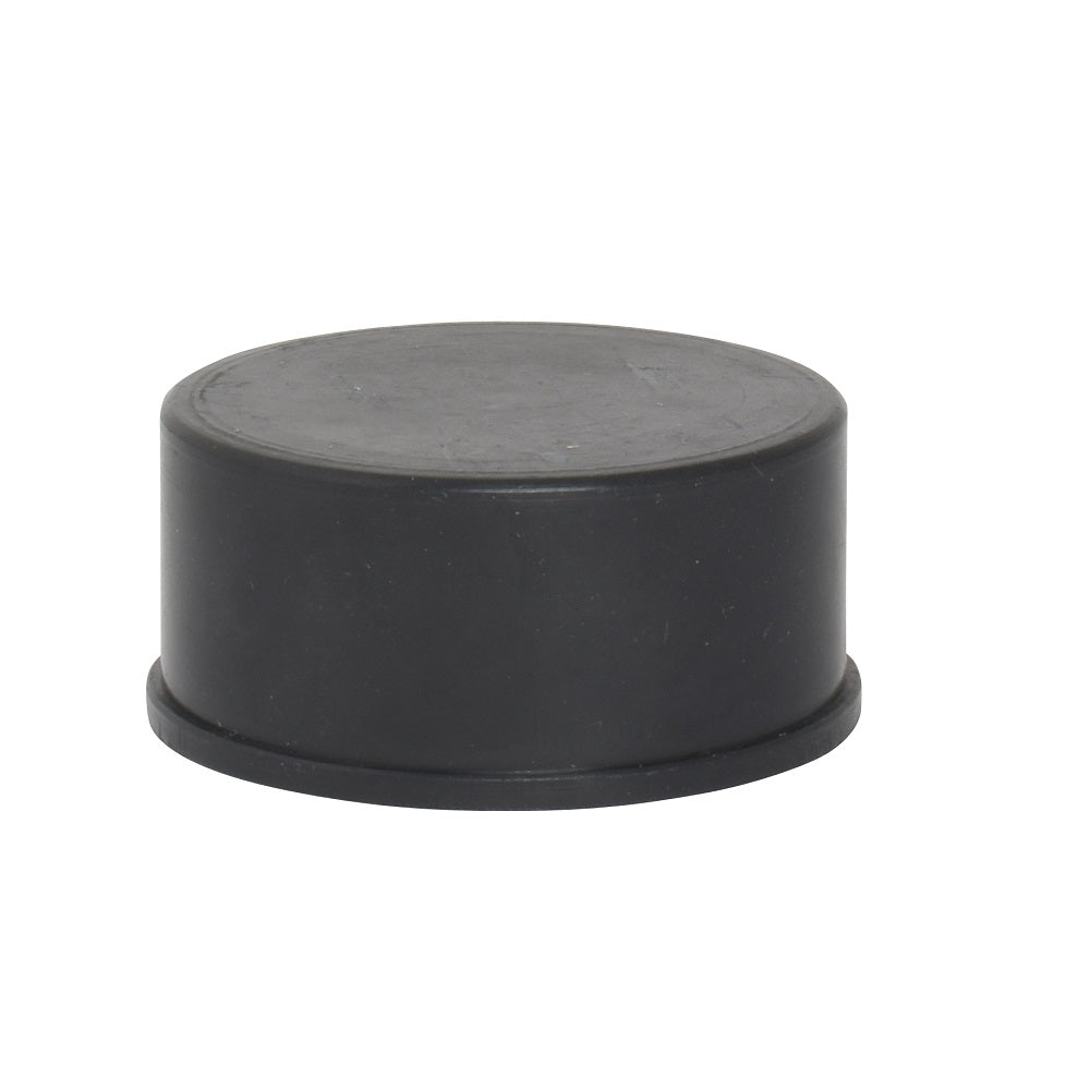 Black PVC 50mm pipe end cap fitting with smooth cylindrical body and flat top, matte finish with flanged base rim