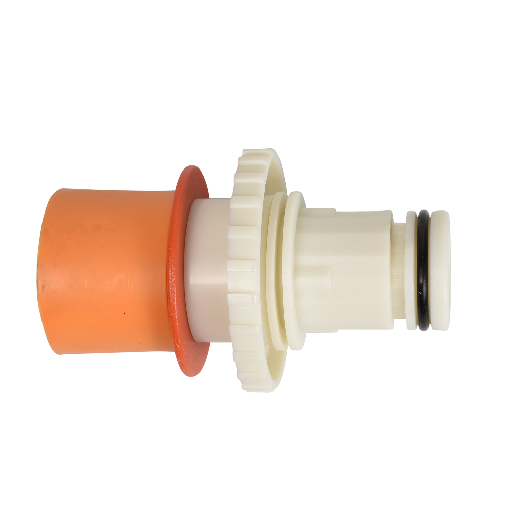 Pool Gobbler adaptor with orange rubber inlet cup, white plastic threaded collar and black O-ring seal