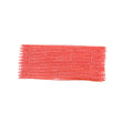 Red mesh produce bag flat lay showing open-weave knitted plastic netting with frayed edges, rectangular shape