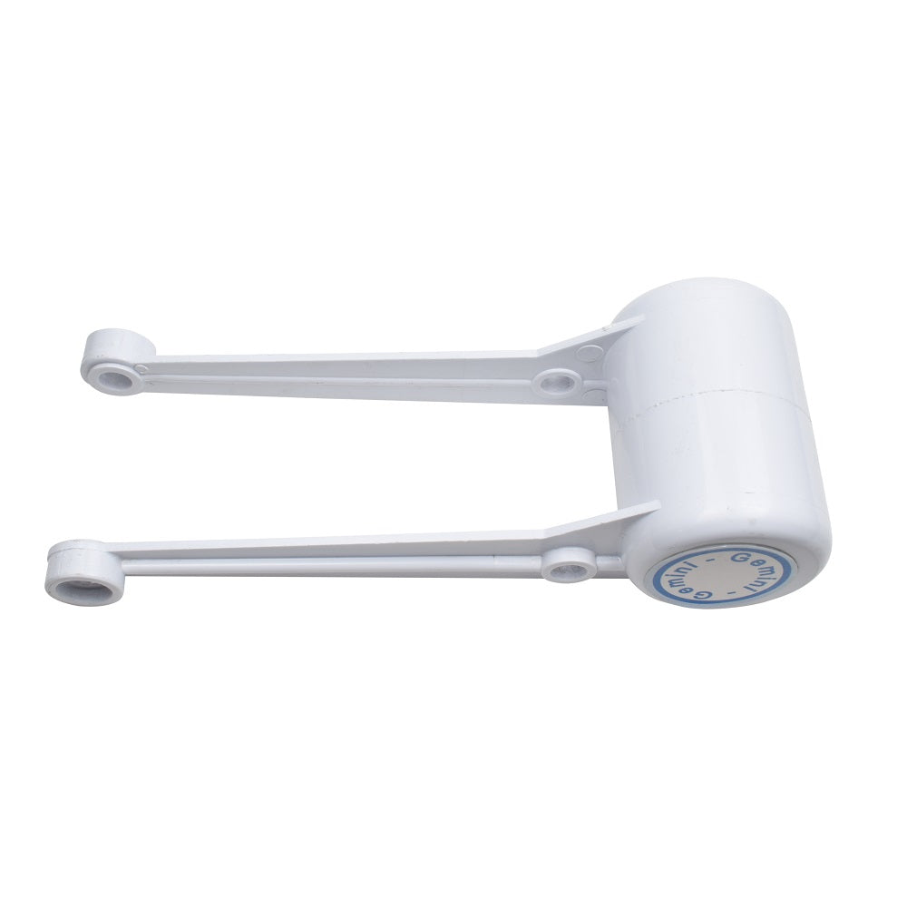 White Gemini dive float long with dual parallel arms, cylindrical roller body and blue branded end cap, rigid plastic construction