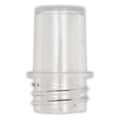 Clear plastic sight glass with cylindrical body, threaded base, and ribbed collar connector