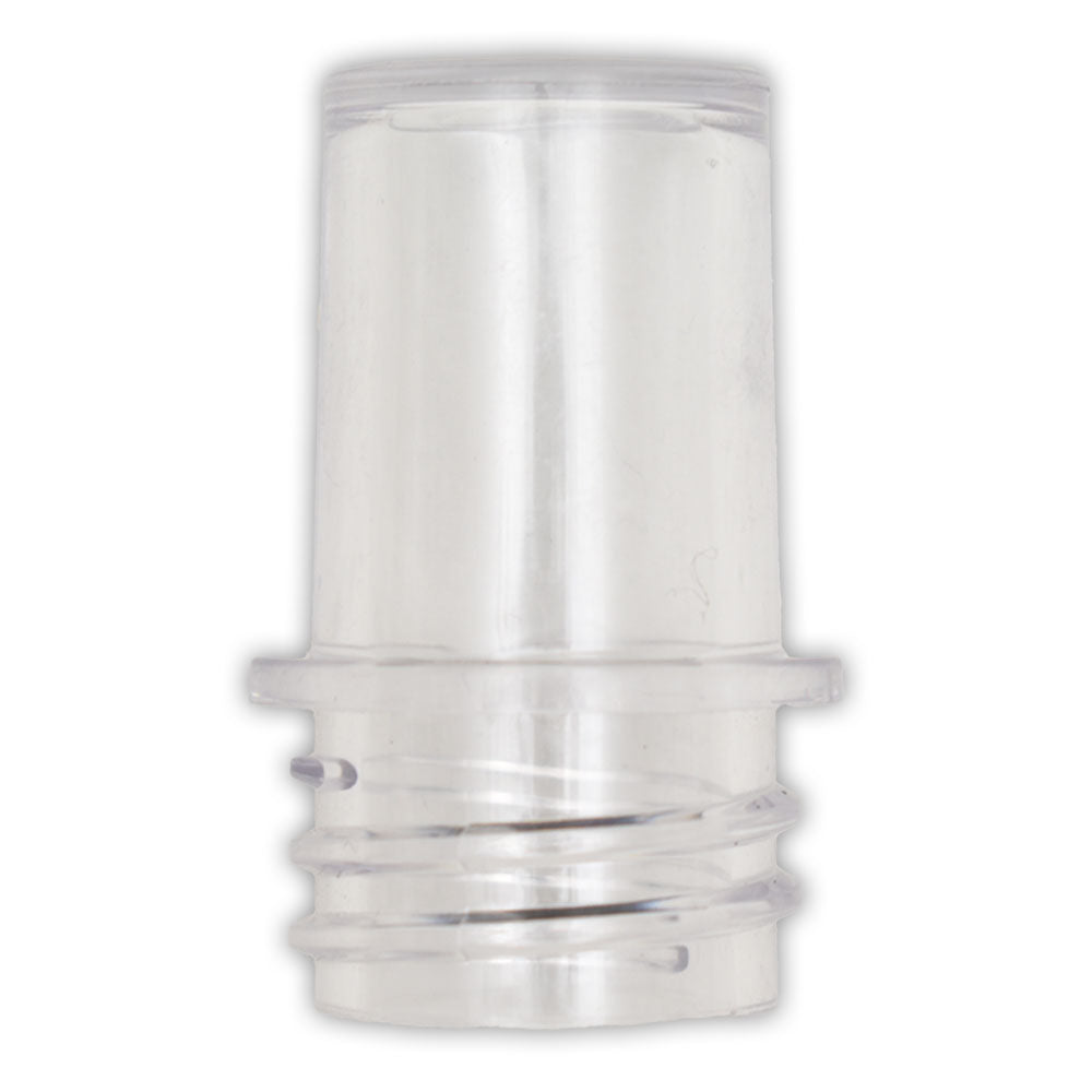 Clear plastic sight glass with cylindrical body, threaded base, and ribbed collar connector