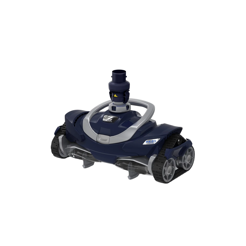 Zodiac AX20 Activ suction pool cleaner in navy blue with grey accents, rubber tracks, and swivel hose connector on white background